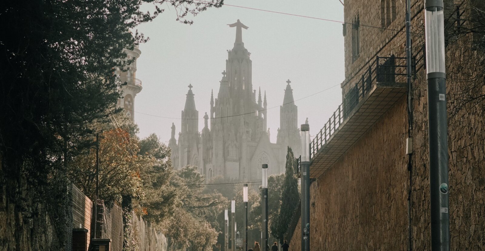 Barcelona street leading toward the Temple Expiatori del Sagrat Cor on Tibidabo